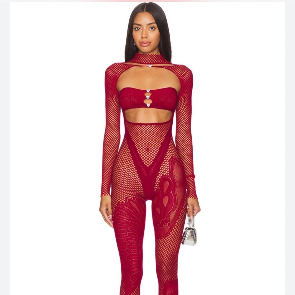 Red Mesh Cutout Bodysuit